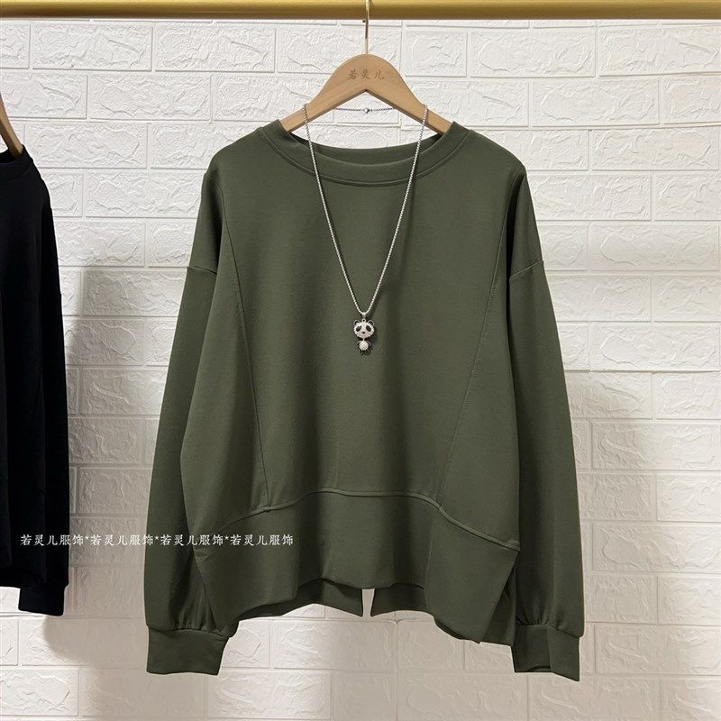 早秋薄款长袖T恤简约百搭胖mm宽松休闲遮肚显瘦女装大码上衣