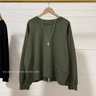 早秋薄款长袖T恤简约百搭胖mm宽松休闲遮肚显瘦女装大码上衣