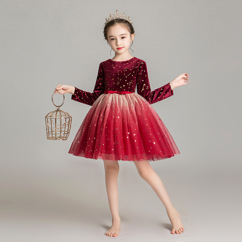 儿童礼服公主裙女童高端长袖花童洋气走秀表演服主持人钢琴演出服