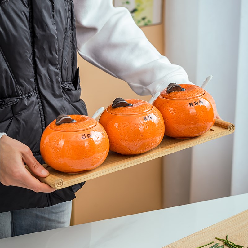 好寓意陶瓷调味罐橘子造型辣椒油罐盐罐耐高温油泼辣子罐猪油罐子