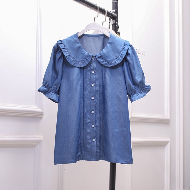 夏季法式复古娃娃领木耳边气质短袖牛仔衬衫上衣女大码宽松设计感