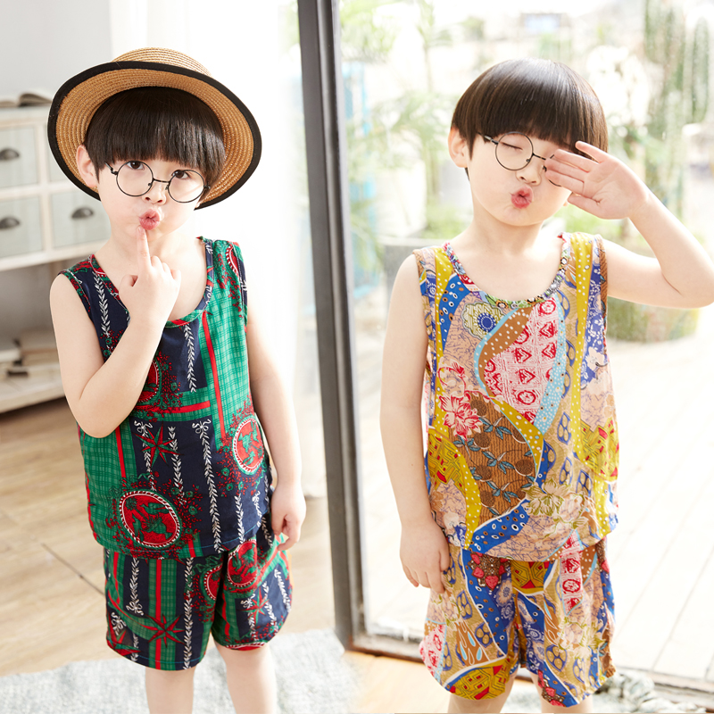 夏季儿童纯棉背心男童女童薄款棉绸无袖套装小童宝宝夏天宽松睡衣