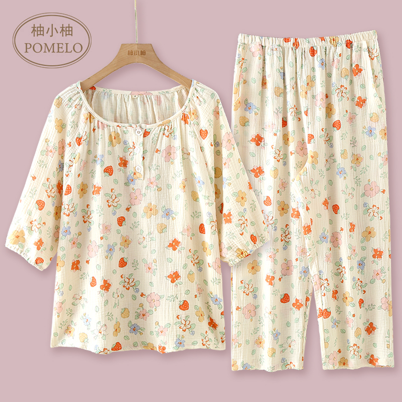 春夏薄款纯棉泡泡棉纱布套头甜美碎花七分袖七分裤家居服睡衣套女