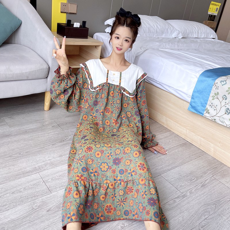 公主风碎花大码睡裙女200斤春秋长袖纯棉甜美孕妇睡衣居家连衣裙