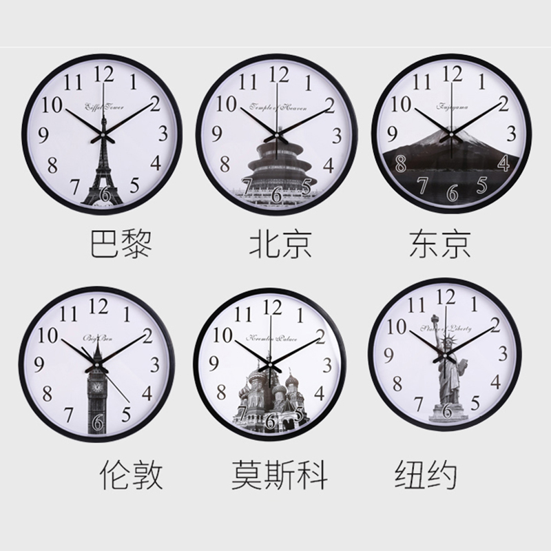 酒店大堂挂钟宾馆前台时钟创意金属圆形静音客厅挂钟金色世界时钟