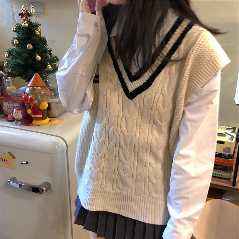 毛衣两件套学院风套装春秋外搭宽松学生衬衫女V领针织马甲背心