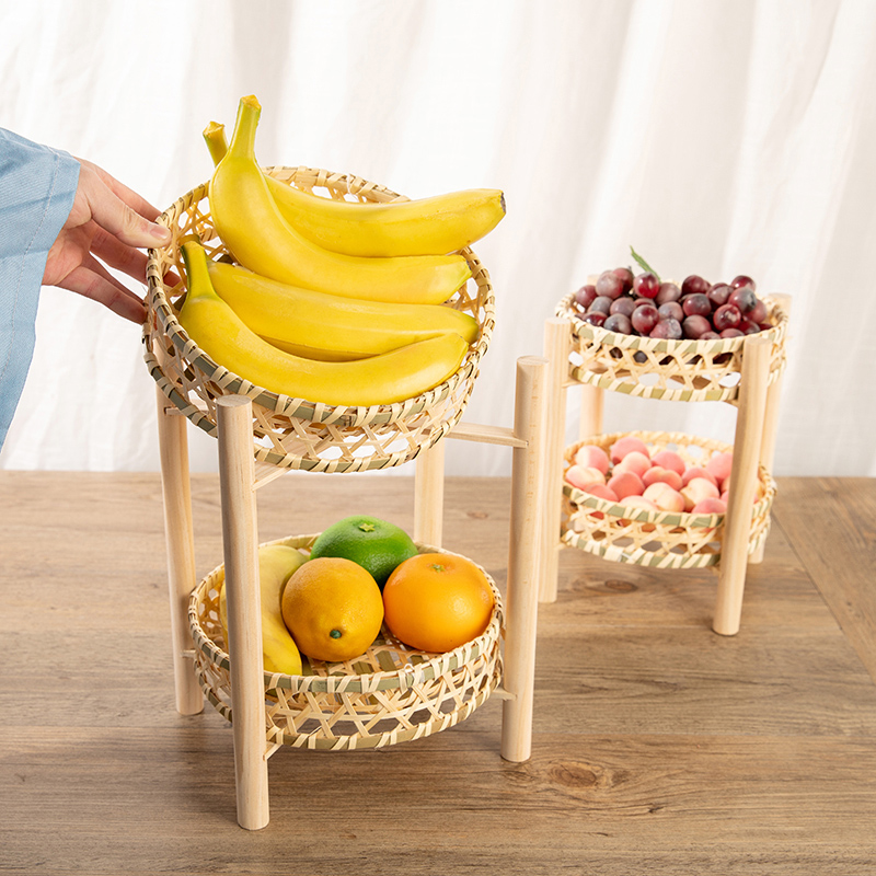 竹编制品簸箕收纳篮双层架子点心盘水果盘竹篮子竹筐馒头筐展示架