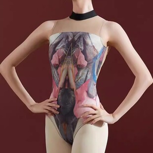 芭蕾舞印花连体体操服中国舞蹈练功服女成人艺考形体露后背基训服