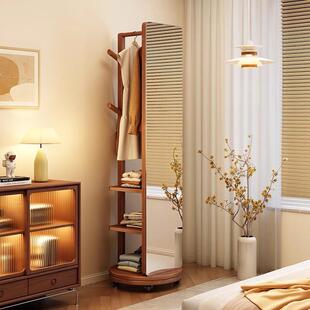 实木可旋转全身镜落地镜家用卧室移动试衣镜子带挂衣架一体穿衣镜