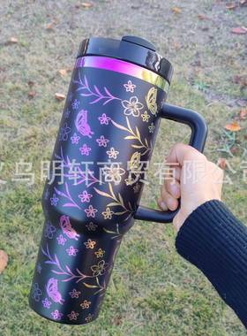 temu40oz幻彩电镀汽车杯带手柄保温保冷大容量冰霸杯手柄吸管