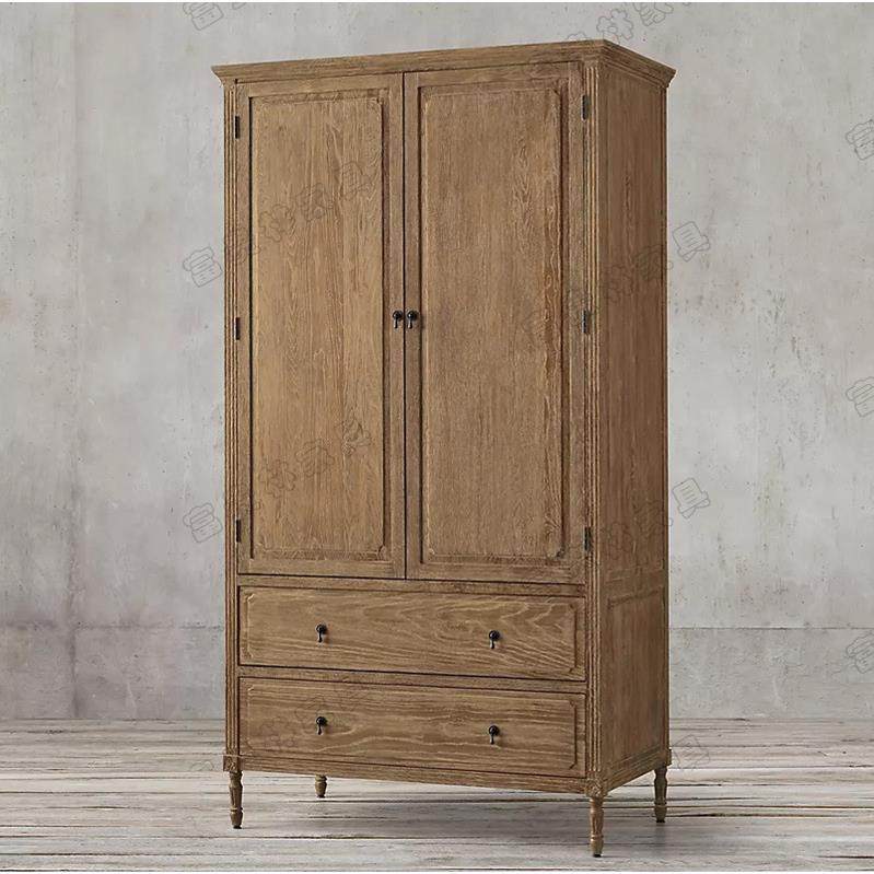 美式乡村仿古橡木雕花双抽实木衣柜欧式简约卧室挂杆衣柜储物柜