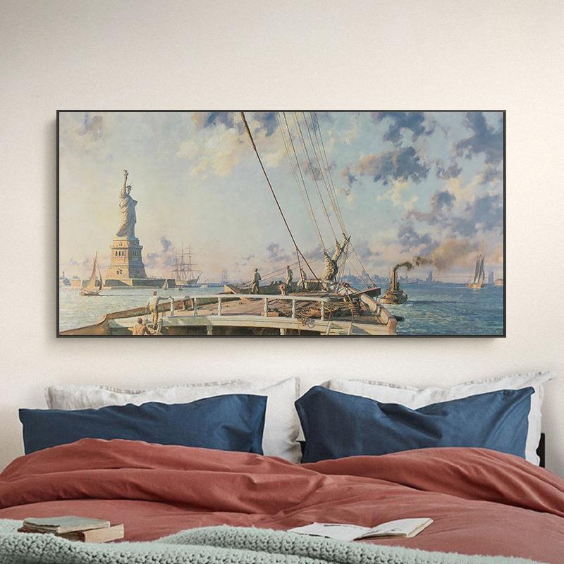 复古自由女神像油画帆船大海装饰画大幅客厅床头画简约风景挂画