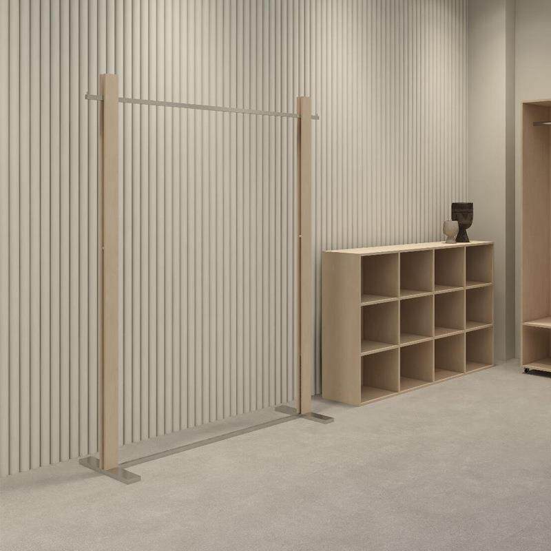 买手店专用不锈钢落地实木中岛架服装店展示架桦木海洋板挂衣架子