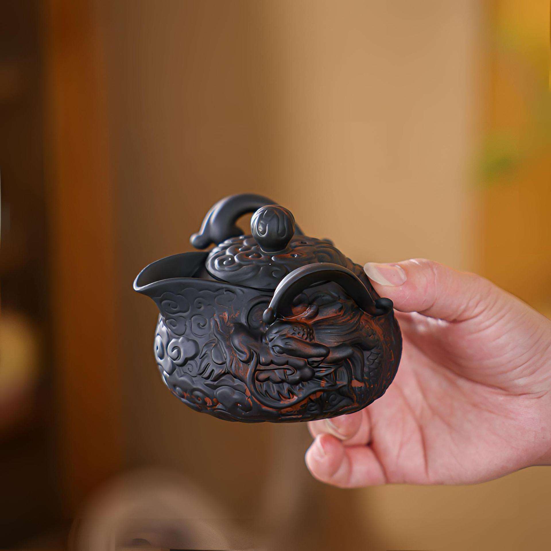 大师手工紫陶浮雕手抓壶旅行茶具小套装户外露营出差车载泡茶器具