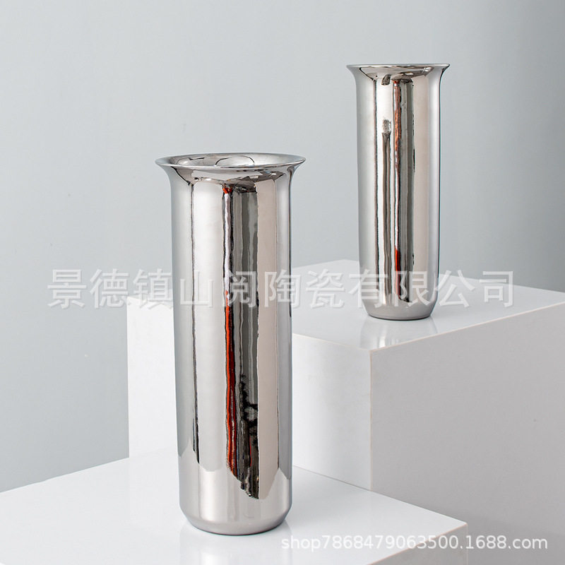 北欧现代家居简约电镀银陶瓷花瓶鲜花插花器皿客厅装饰艺术品摆件