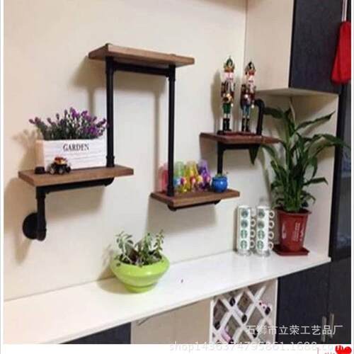 直销铁艺工业水管置物架墙上隔板书架实木墙上花架展示架