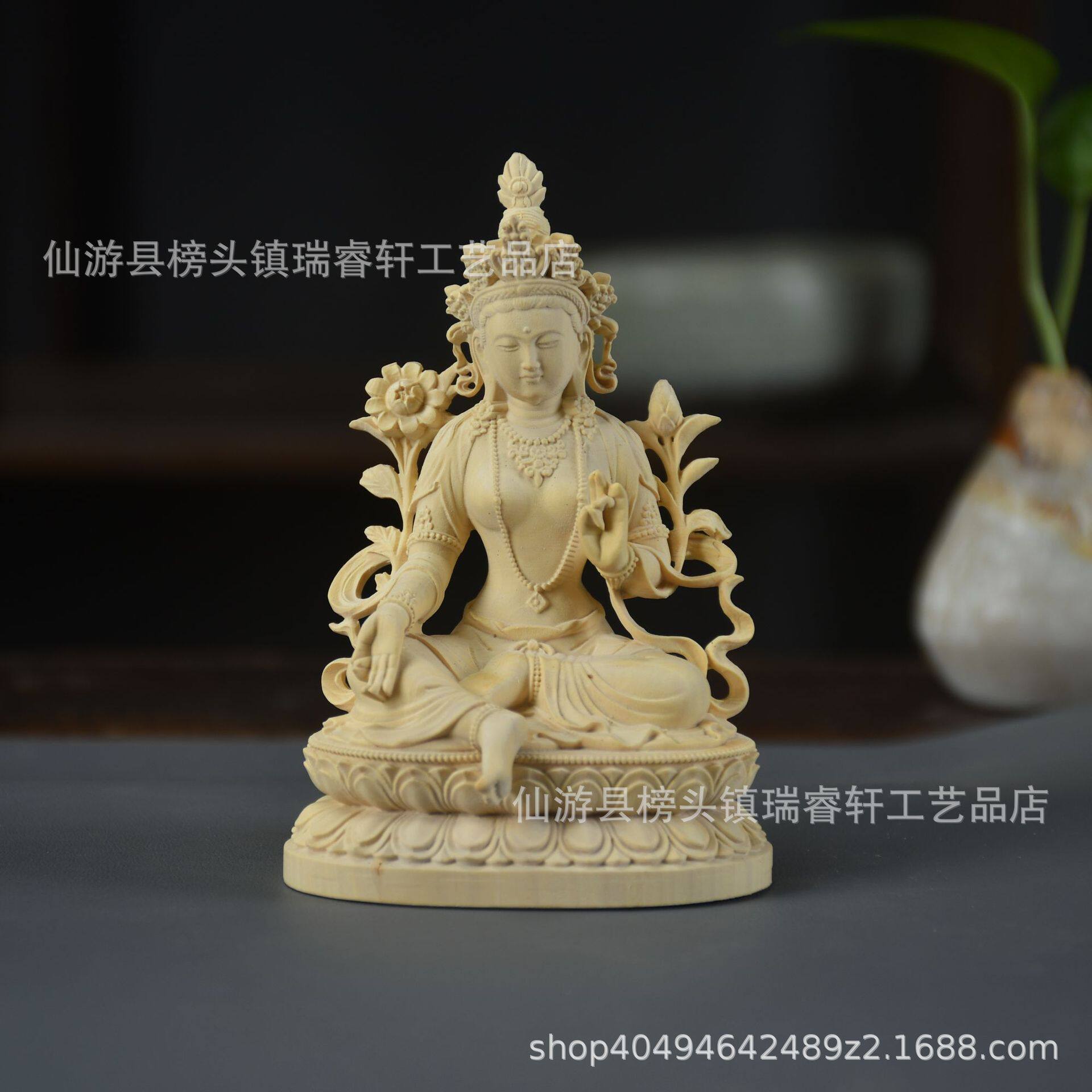 崖柏家居藏佛财神实木摆件工艺品黄杨木雕中控台绿度母神像白度母