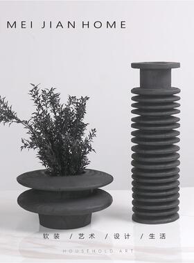 新中式仿木纹肌理树脂黑色干花仿真花花瓶家居别墅艺术馆装饰摆件