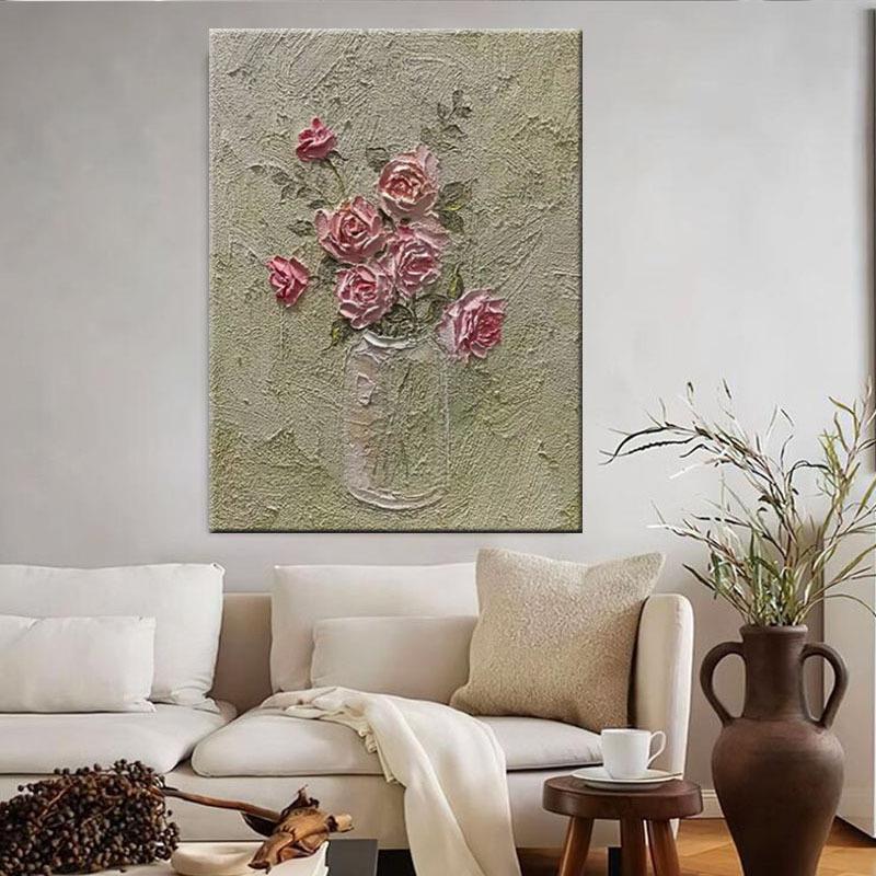 丰手绘画粉色顺玫瑰花厅玄关装客饰画石英砂VTQ立油体肌理儿童房