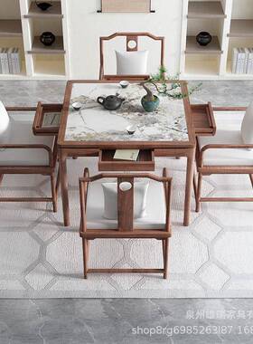 新中式老榆四方形小茶桌实木四木方桌子轻奢岩板八椅仙桌OXU户型