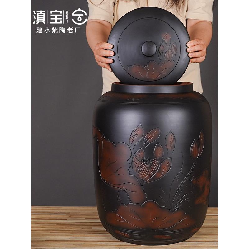 云南米建水潮紫陶缸KNQ陶米桶手工家用防密封普洱存瓷茶密封罐子