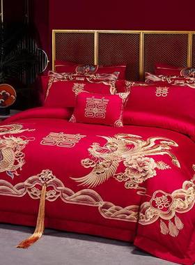 中式10棉0高档结婚庆四件套庆大红色龙凤刺S绣长绒纯棉陪YRV嫁婚