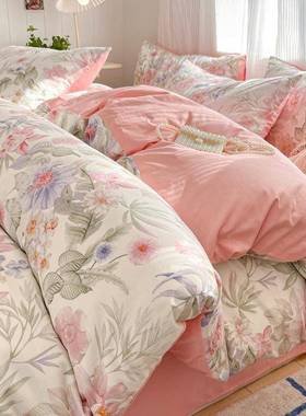 a类小新纯套棉三四件套绿色碎花全117棉被套床单清四件学生宿舍件