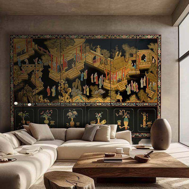 界侘手绘画法式中国风中古屏风客厅隔景断实木折CJ-086屏卧室背设