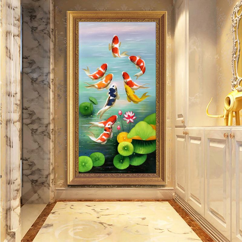 玄欧式装卧九饰画关走廊油画过道挂画客厅室实木竖版壁画鱼30聚财