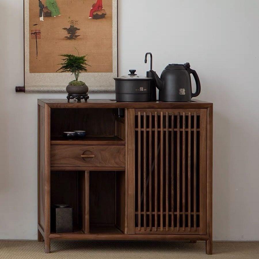 新款茶水柜新中式实木边小柜可烧水柜茶下置ICM茶桶一体型柜榆木