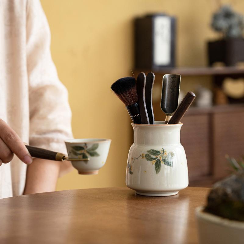 陶瓷手绘茶君子家用泡茶工具笔筒茶夹道套茶装具382配件釉下桂彩