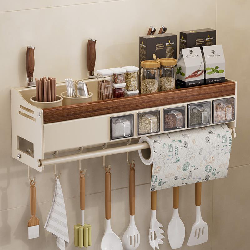 美拉厨房置物架挂调料瓶收676调味料多层纳多功能免打德孔实壁木