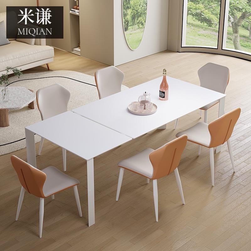 奶油小风单边伸缩餐桌家MFI用户型意岩式轻奢德丰白色板餐利桌椅