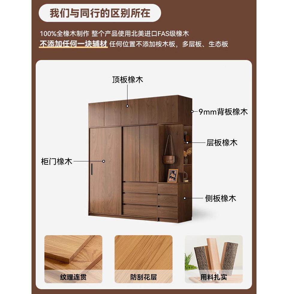实木橡木衣柜推拉家门用卧北欧纯胡05411556桃色移门全衣原木室挂