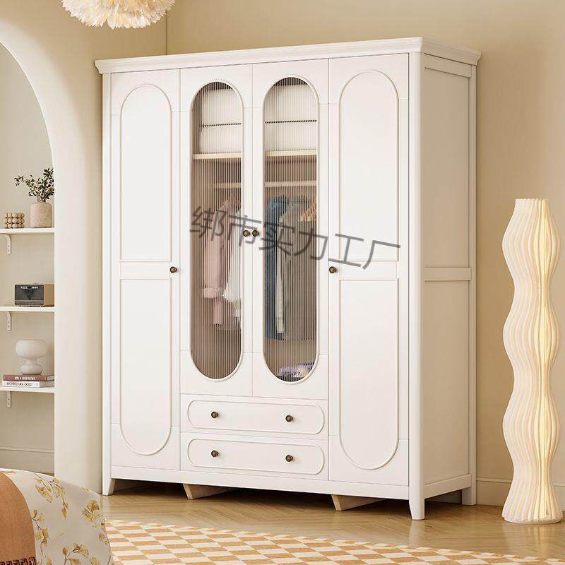 复古法式实木衣柜家用卧室美式轻奢对开四门衣橱白色奶油风储物柜