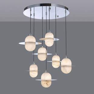 西班牙云石不锈钢吊灯真云石雪花石楼梯中空6头吊灯中山灯具