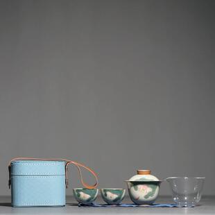 手绘冰裂荷花釉下彩一壶二杯玻璃便携式旅行茶具快客杯功夫套装