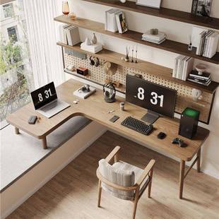 严选实木转角书桌书架组合学生家用窗台L型电脑桌飘窗拐角学习桌