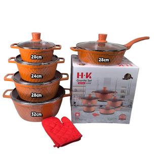 HK网纹深煎12件套6PCS锅具套装 不粘汤锅麦饭石压铸锅炒锅