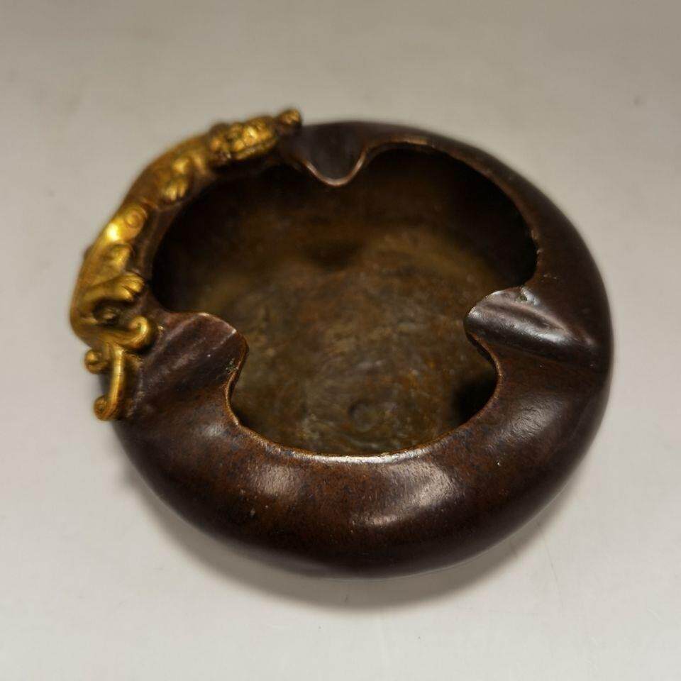 古玩仿古纯铜笔洗摆件铜鎏金烟灰缸文房四宝家居办公室工艺品