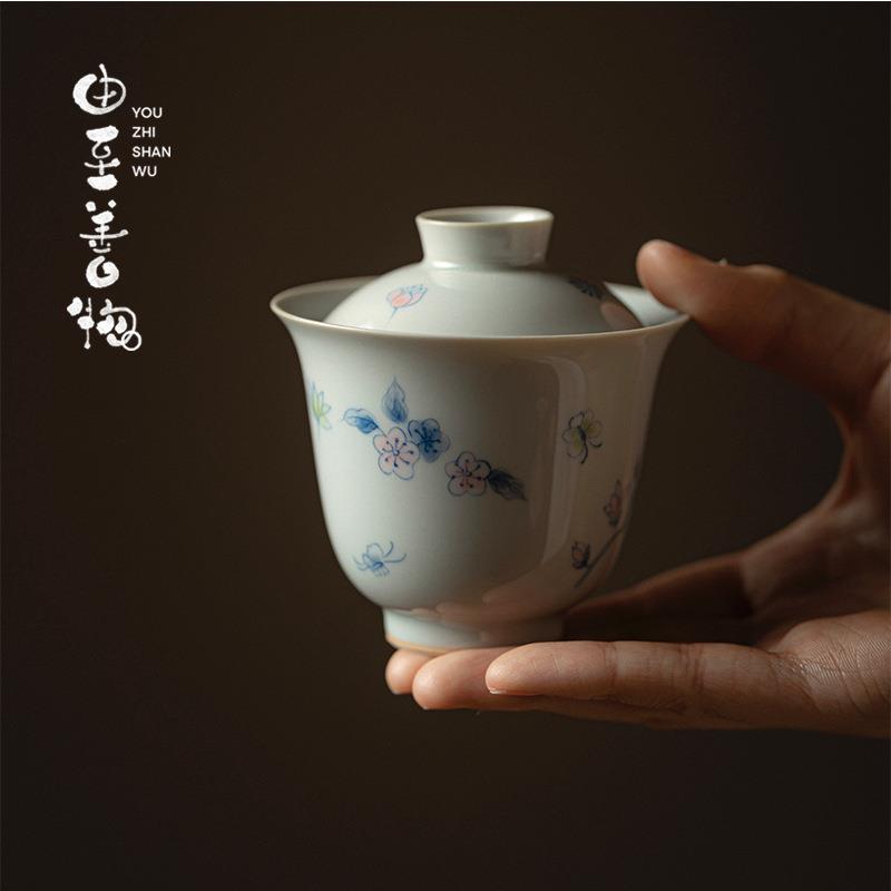 由至拟古青瓷手绘泣露盖碗泡茶杯两才茶碗陶瓷单手泡茶器不烫手