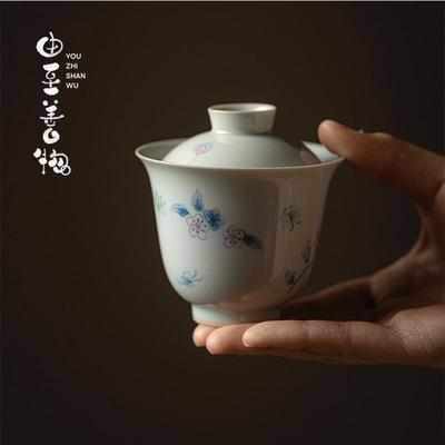 由至拟古青瓷手绘泣露盖碗泡茶杯两才茶碗陶瓷单手泡茶器不烫手