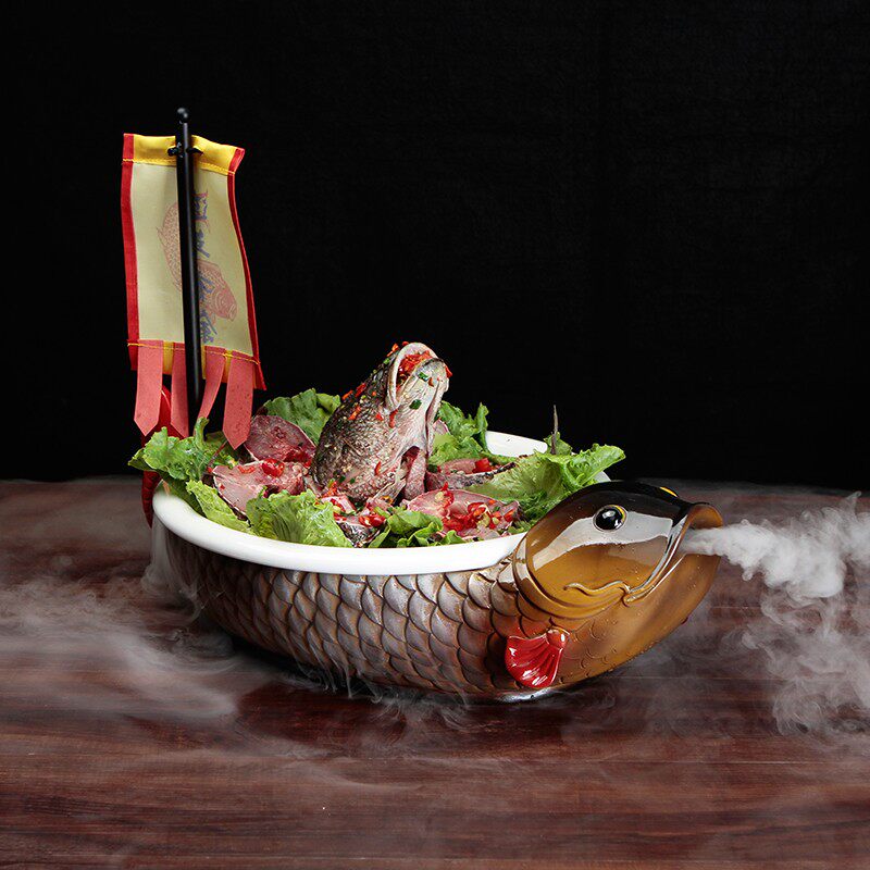 酒店陶瓷酒精蜡烛加热炉年年有余干冰冒烟意境餐具底座大号鱼盘子