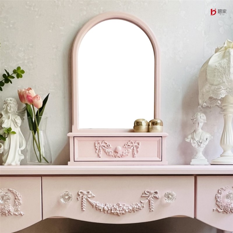 法式桌面化妆镜美式欧式宫廷风台面雕花梳妆镜粉色带抽屉台式镜子