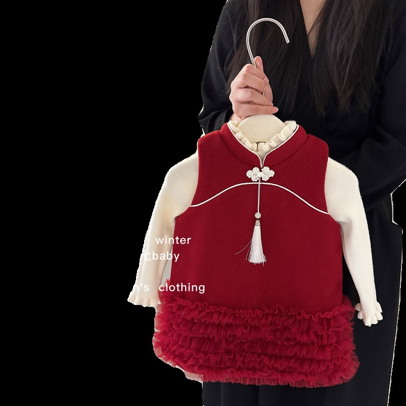 童装女童连衣裙冬季洋气儿童高端气质背心裙新年红色公主周岁裙子