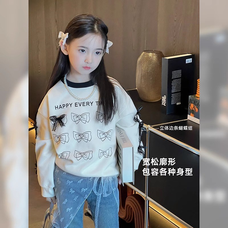 女童卫衣2024春秋季新款儿童蝴蝶结洋气长袖上衣女大童时髦套头衫