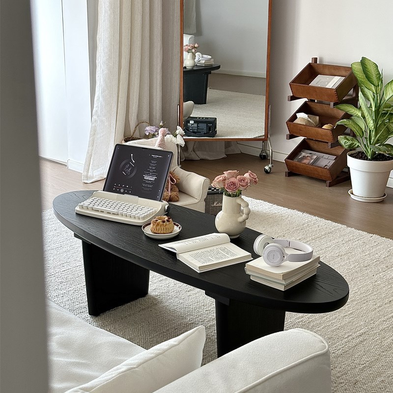 奈斯/侘寂风实木茶几法式中古黑色边几设计师客厅复古长条小桌子