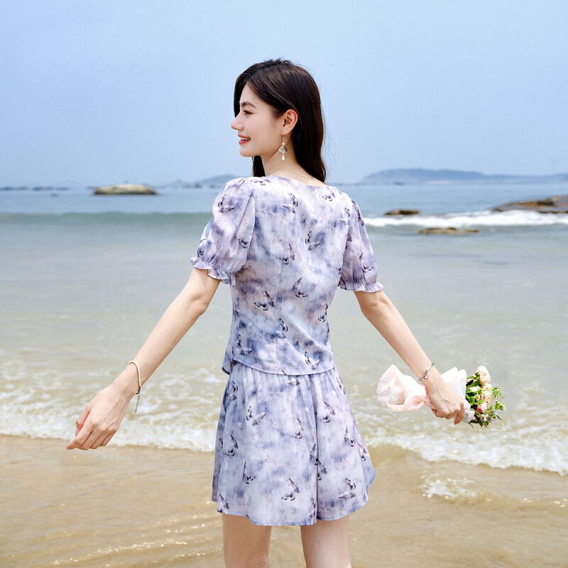 时尚气质套装2024年夏季新款女方领收腰显瘦碎花衬衫上衣两件套