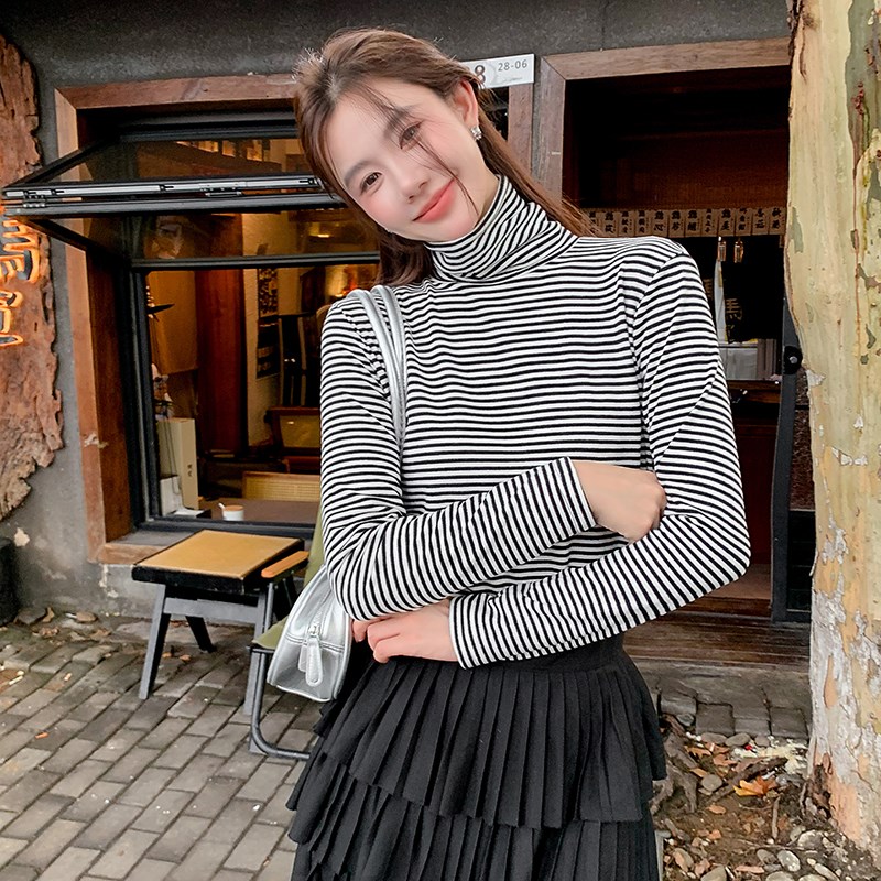条纹t恤女2024新款堆堆领打底衫宽松黑白双面德绒磨毛加厚高领暖