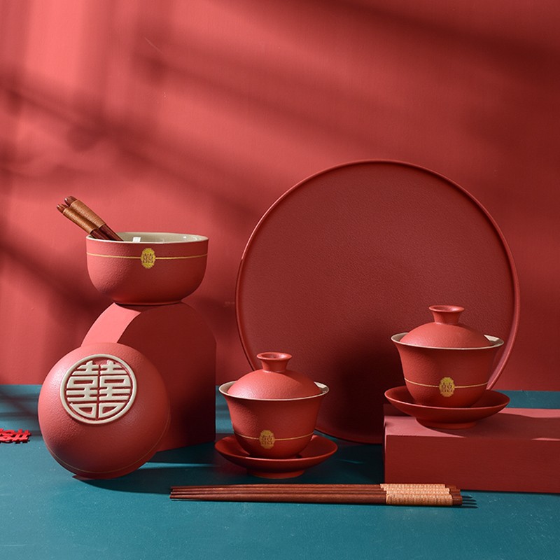 结婚敬茶杯套装红色喜庆陶瓷改口杯婚庆用品新婚新人婚礼喜杯盖碗